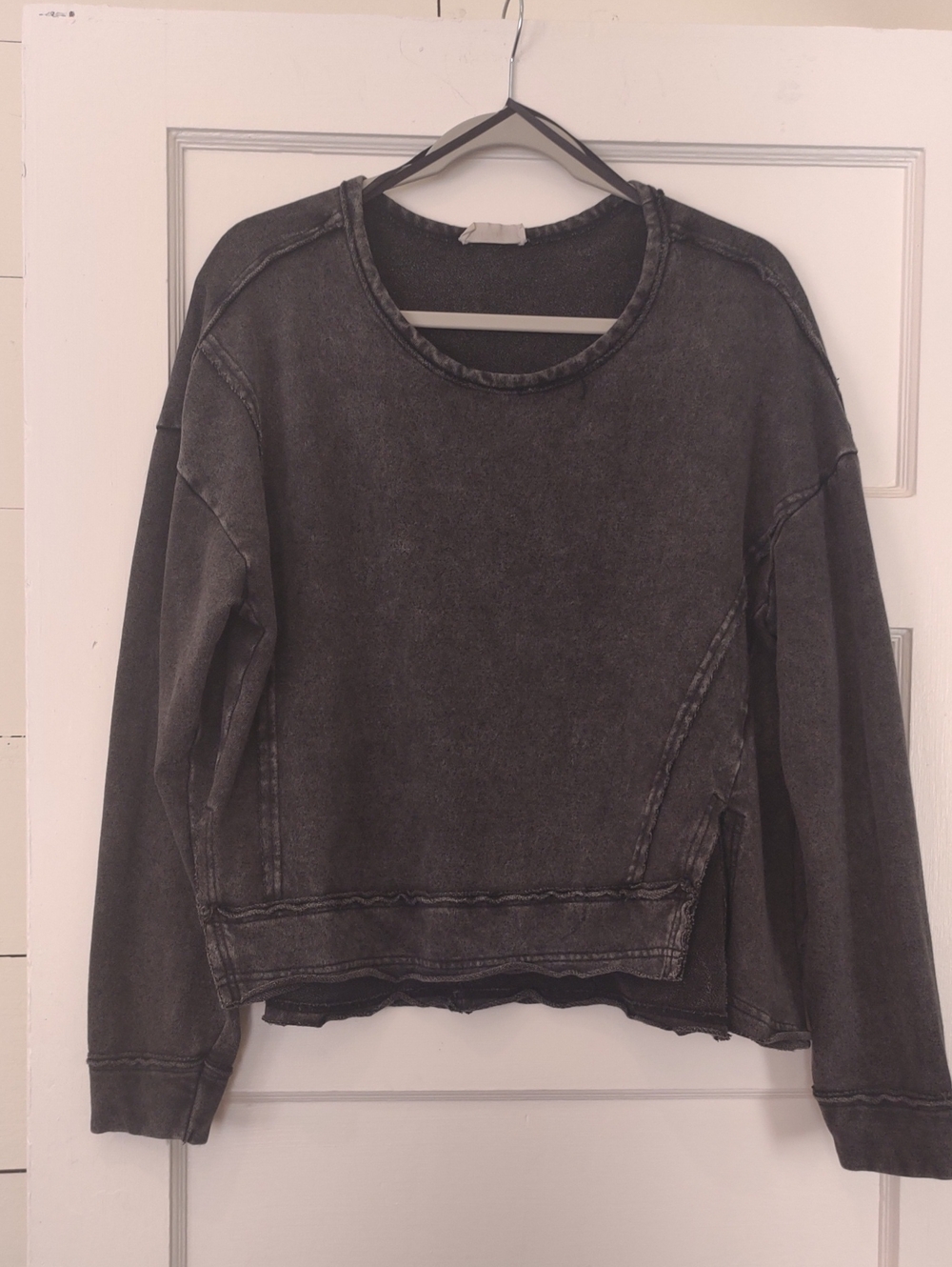 Washed Charcoal Raw-Edge Crewneck Sweatshirt